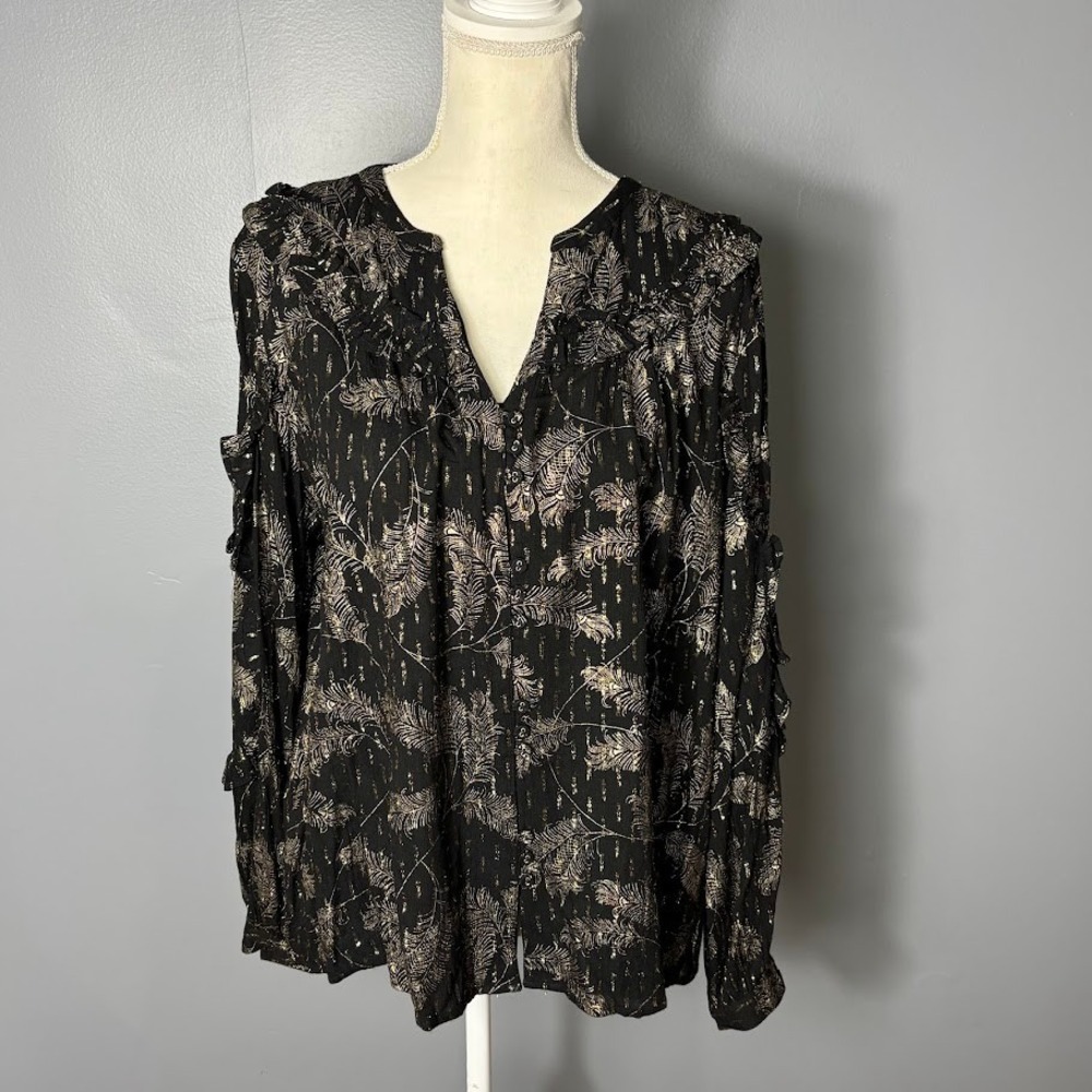 Fat Face Black Gold Metallic Feather Print Ruffle Blouse Top USA‎ 12 UK 16